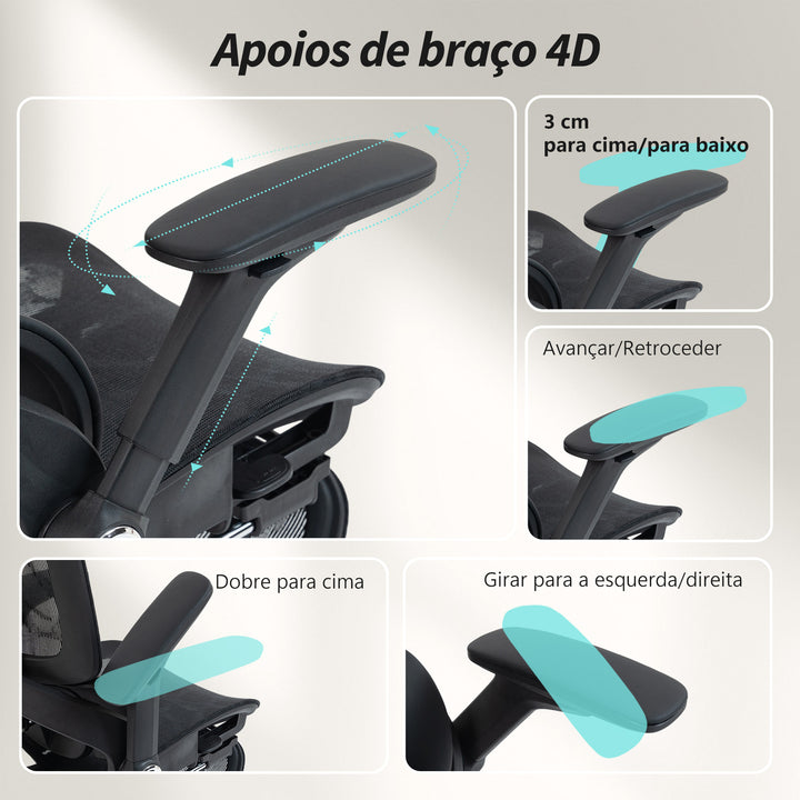Cadeira de Secretária Ergonómica com Descanso para Pés Cadeira de Escritório Giratória com Encosto Reclinável e Alto Suporte Lombar Rede Transpirável Apoios de Braço 4D e Encosto de Cabeça Ajustável Rodas