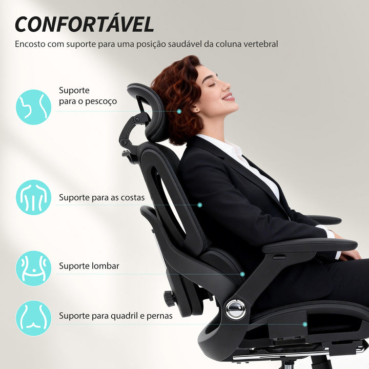 Cadeira de Secretária Ergonómica com Descanso para Pés Cadeira de Escritório Giratória com Encosto Reclinável e Alto Suporte Lombar Rede Transpirável Apoios de Braço 4D e Encosto de Cabeça Ajustável Rodas