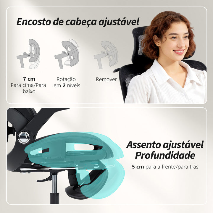 Cadeira de Secretária Ergonómica com Descanso para Pés Cadeira de Escritório Giratória com Encosto Reclinável e Alto Suporte Lombar Rede Transpirável Apoios de Braço 4D e Encosto de Cabeça Ajustável Rodas