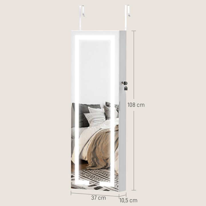 Espelho Joalheiro de Parede Espelho de Parede com Luzes LED e Fechadura Armário para Jóias para Pendurar na Parede ou na Porta 37x10,5x108 cm Branco