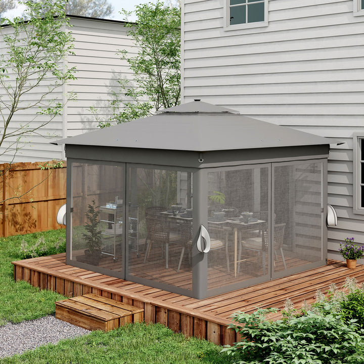 Tenda Dobrável 336x336 cm Tenda de Jardim com Teto Duplo 4 Paredes Laterais 20 Luzes LED Solares Altura Ajustável Controlo Remoto e Bolsa de Transporte para Jardim Pátio Festas Cinza