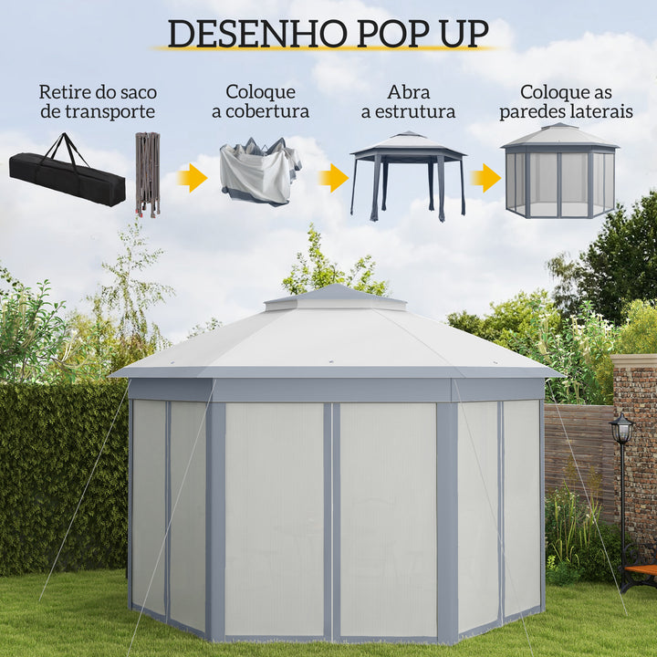 Tenda Dobrável 4x3,4 m Tenda de Jardim Hexagonal com Duplo Tecto 6 Mosquiteiras Destacáveis e Saco de Transporte Impermeável Anti-UV para Exterior Festas Cinzento