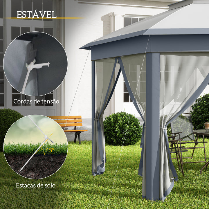 Tenda Dobrável 4x3,4 m Tenda de Jardim Hexagonal com Duplo Tecto 6 Mosquiteiras Destacáveis e Saco de Transporte Impermeável Anti-UV para Exterior Festas Cinzento