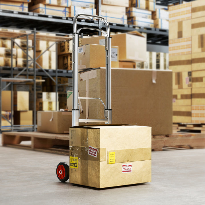 Carro de Transporte Dobrável de Alumínio com Cabo Telescópico Ajustável Carga 90 kg para Garagem, Escritório Bagagem Viagens Mudanças e Compras 40x41x108 cm Prateado e Preto