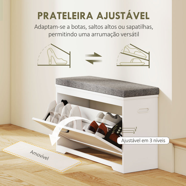 Banco Sapateira Moderno com Assento Acolchoado Prateleira Ajustável para 8 Pares de Sapatos para Entrada Corredor Quarto 80x30x50 cm Branco