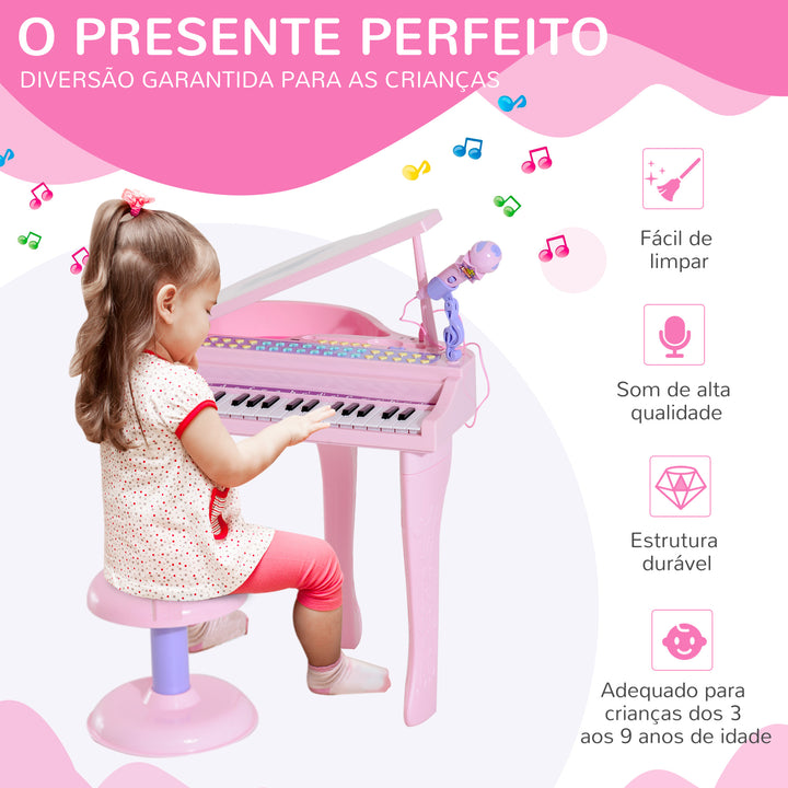 Piano infantil 37 Teclas com Microfone Banquinho Luzes e 22 Canções USB/MP3