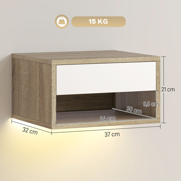 Conjunto de 2 Mesas de Cabeceira Flutuantes com Luzes LED RGB Controlo por APP Mesas de Cabeceira para Quarto com Gaveta Prateleira Aberta 37x32x21 cm Madeira e Branco