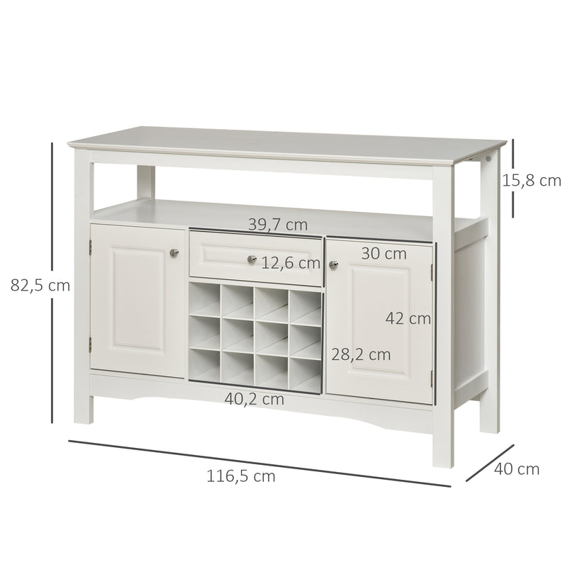 Aparador de Cozinha Aparador de Sala de Jantar com 1 Gaveta 1 Prateleira Aberta 2 Portas e Suporte para 12 Garrafas 116,5x40x82,5 cm Branco