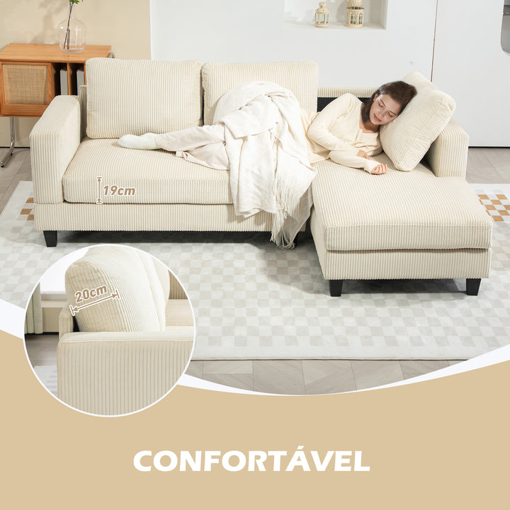 Sofá Chaise Longue Sofá de 3 Lugares em L Estofado em Veludo Assento e Encosto Almofadados para Sala de Estar Escritório 214x134x87 cm Bege
