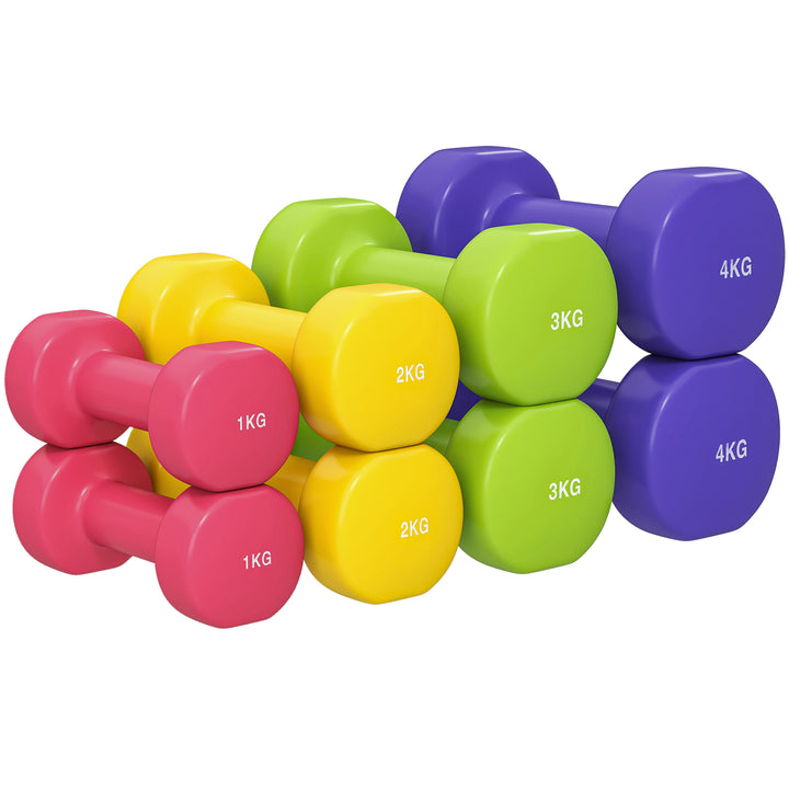 Jogo de 8 Halteres Hexagonais 4 Pares 4kg 3kg 2kg 1kg com Revestimento Pesos para Exercícios em Casa Academia Aço Multicolor