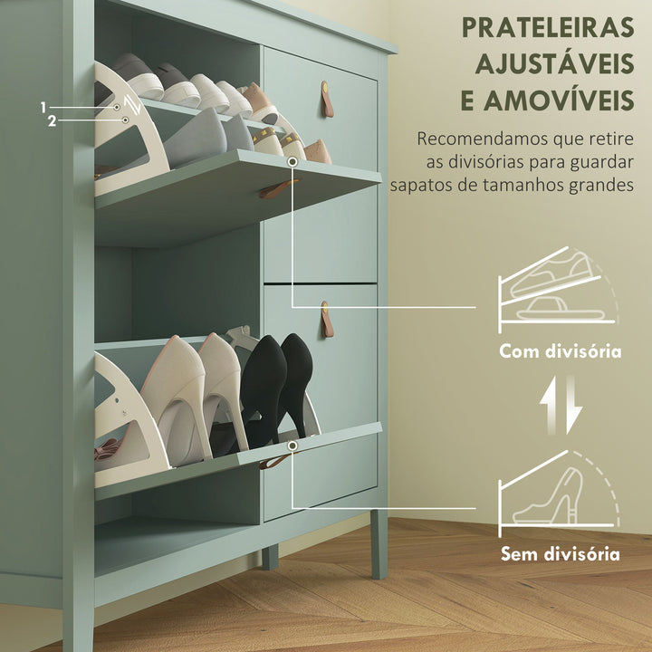 Sapateira Estreita Móvel Sapateira para Entrada com 4 Gavetas Abatíveis Prateleiras Ajustáveis e Puxadores em PU para 20 Pares de Sapatos para Corredor 105x24x95,5 cm Verde Claro