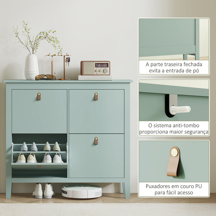 Sapateira Estreita Móvel Sapateira para Entrada com 4 Gavetas Abatíveis Prateleiras Ajustáveis e Puxadores em PU para 20 Pares de Sapatos para Corredor 105x24x95,5 cm Verde Claro
