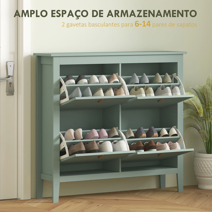 Sapateira Estreita Móvel Sapateira para Entrada com 4 Gavetas Abatíveis Prateleiras Ajustáveis e Puxadores em PU para 20 Pares de Sapatos para Corredor 105x24x95,5 cm Verde Claro