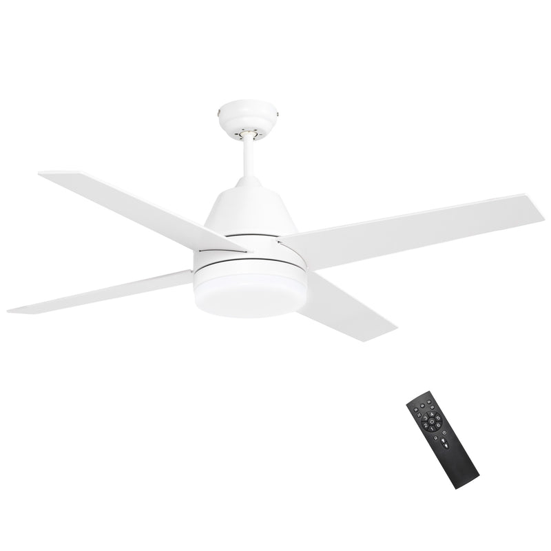 Ventoinha de Teto com Luz 46W Ø129 cm Motor DC Ventoinha de Teto Silencioso com 4 Lâminas Reversíveis Controlo Remoto 6 Velocidades e Temporizador para Quarto Sala Branco