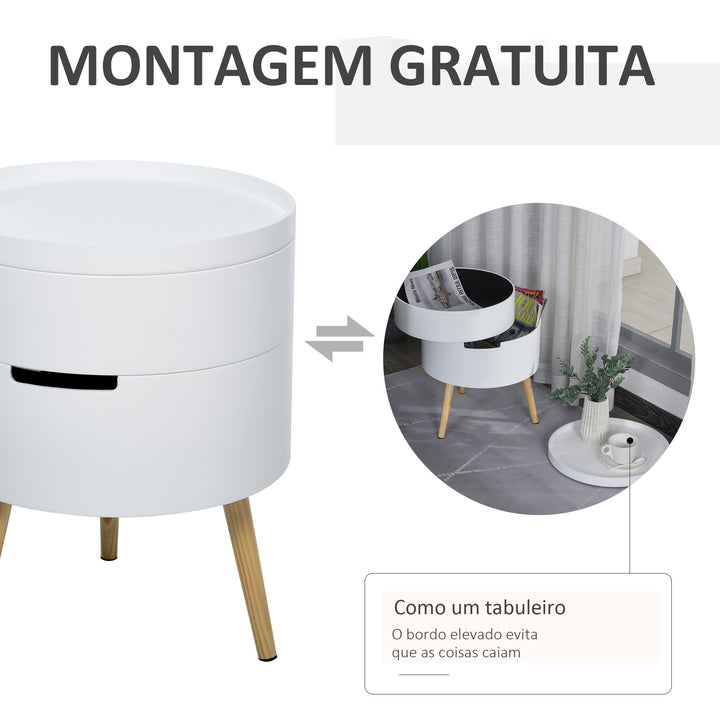Mesa Auxiliar Moderna com 3 Níveis Mesa de Centro Desmontável com Tampa 2 Espaços de Arrumação e Pés de Madeira Mesa de Cabeceira para Dormitório Ø38x48,3 cm Branco e Madeira