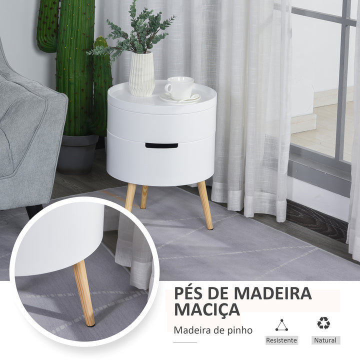 Mesa Auxiliar Moderna com 3 Níveis Mesa de Centro Desmontável com Tampa 2 Espaços de Arrumação e Pés de Madeira Mesa de Cabeceira para Dormitório Ø38x48,3 cm Branco e Madeira