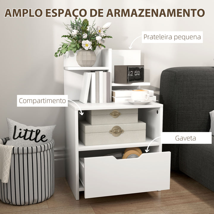 Mesa de Cabeceira de Madeira Mesa de Cabeceira Moderna com Gaveta e Prateleiras de Armazenamento Mesa Auxiliar para Sala de Estar Dormitório 45x35x73 cm Branco
