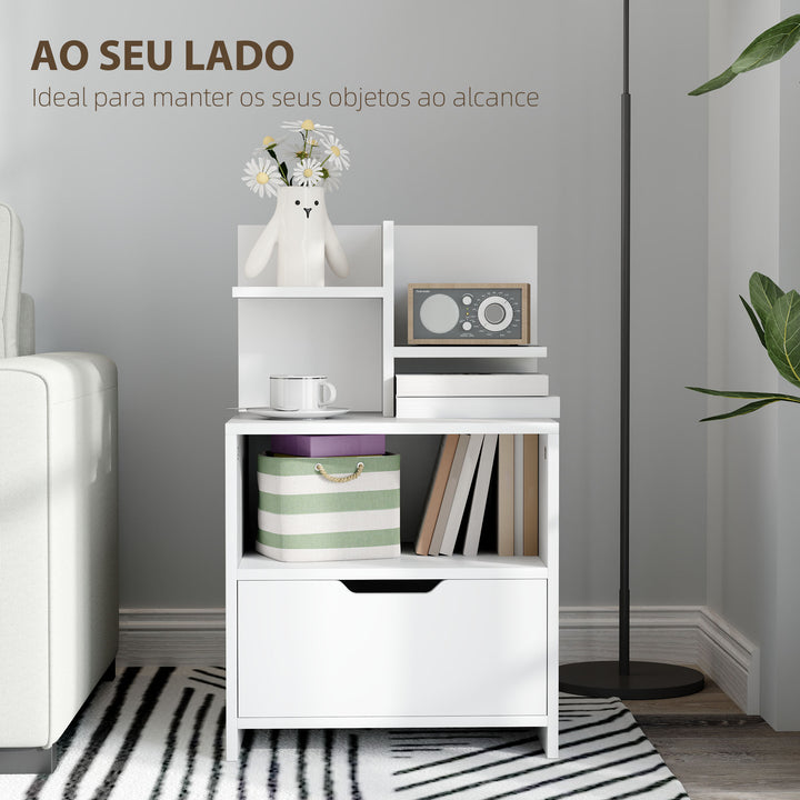 Mesa de Cabeceira de Madeira Mesa de Cabeceira Moderna com Gaveta e Prateleiras de Armazenamento Mesa Auxiliar para Sala de Estar Dormitório 45x35x73 cm Branco