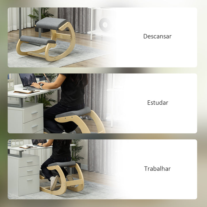 Cadeira Ergonómica de Joelhos com Almofadas Acolchoadas Estrutura de Madeira para Melhor Postura Escritório 55x85x55 cm Cinzento