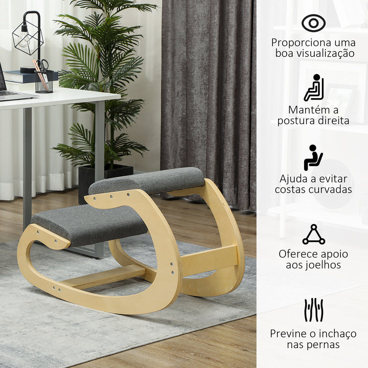 Cadeira Ergonómica de Joelhos com Almofadas Acolchoadas Estrutura de Madeira para Melhor Postura Escritório 55x85x55 cm Cinzento