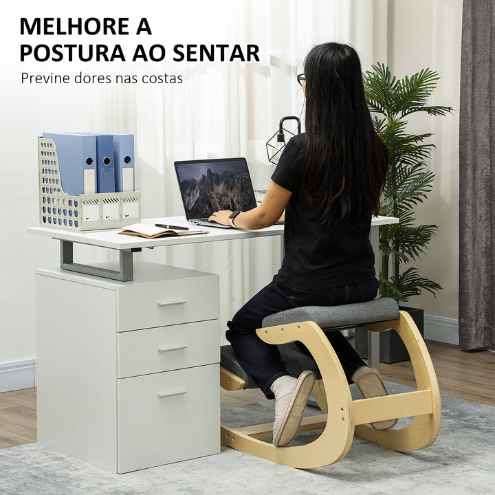 Cadeira Ergonómica de Joelhos com Almofadas Acolchoadas Estrutura de Madeira para Melhor Postura Escritório 55x85x55 cm Cinzento