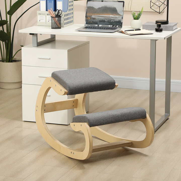 Cadeira Ergonómica de Joelhos com Almofadas Acolchoadas Estrutura de Madeira para Melhor Postura Escritório 55x85x55 cm Cinzento