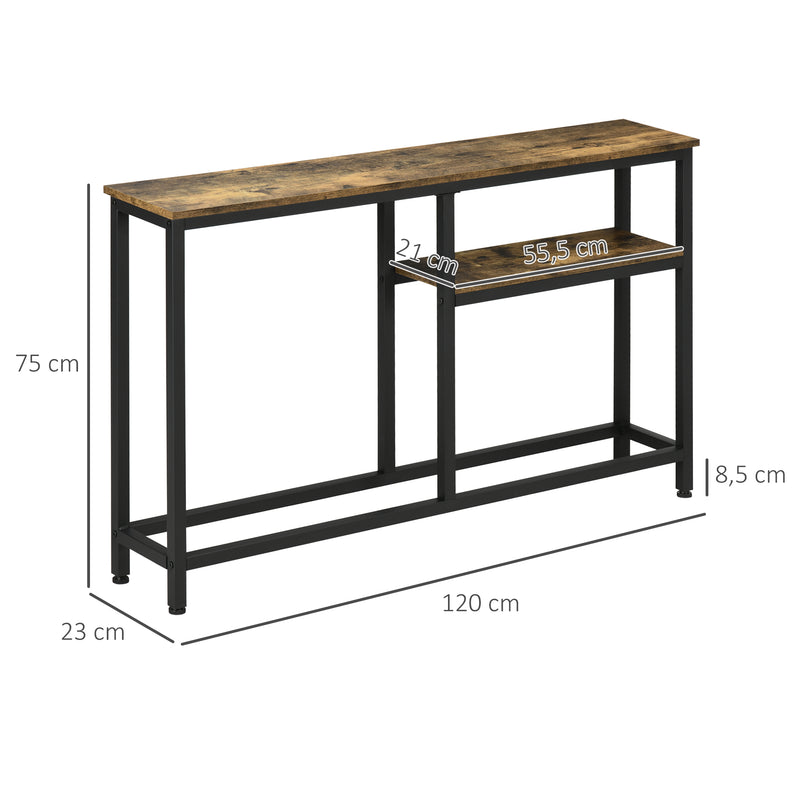 Mesa Consola Industrial Consola de Entrada com Prateleiras Abertas Antivolteio Móvel de Entrada para Sala Corredor 120x23x75 cm Castanho