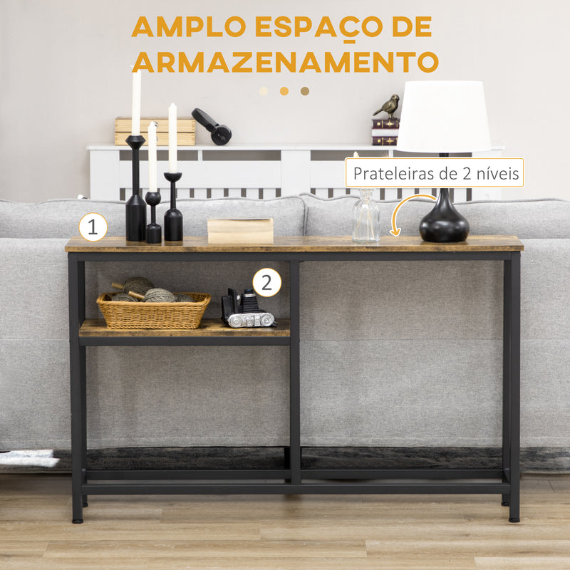 Mesa Consola Industrial Consola de Entrada com Prateleiras Abertas Antivolteio Móvel de Entrada para Sala Corredor 120x23x75 cm Castanho