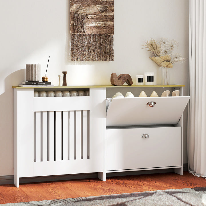 Cobertura Radiadores com Sapateira Cobertura para Radiador de MDF 152x19x81 cm Cobertura para Radiador com 2 Gavetas Rebatíveis Desenho Moderno de Ripas para Sala Quarto Branco