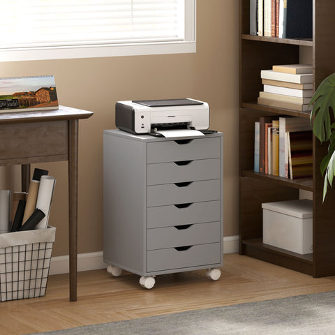 Bloco de Gavetas Móvel Arquivador com 6 Gavetas Suporte para Impressora com Rodas Guias Deslizantes Silenciosas para Escritório Casa 40x35x63 cm Cinzento