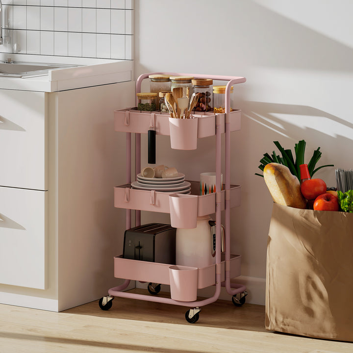 Carrinho de Cozinha de Aço Carrinho de Armazenamento com 4 Ganchos 3 Cestas Removíveis 3 Caixas Suspensas e Travões para Casa de Banho Sala de Estar Dormitório 42x38x86,5 cm Rosa