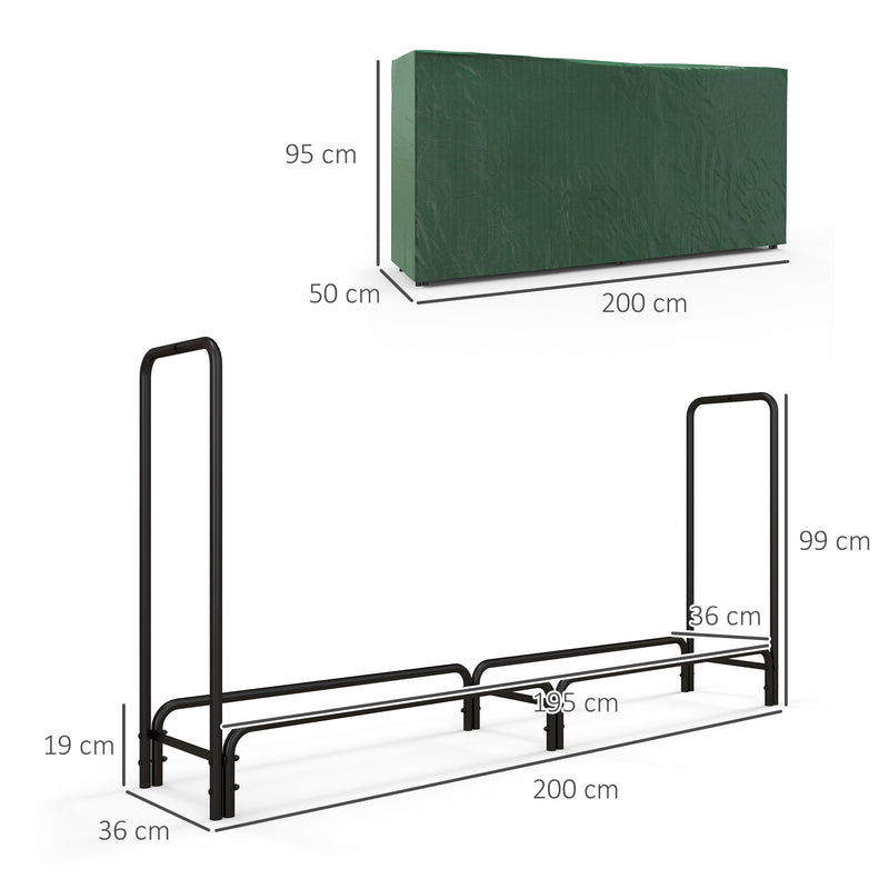 Suporte para Lenha com Cobertura Estante para Lenha de Metal Ajustável para Interior e Exterior Carga 200 kg 200x36x99 cm Verde Escuro e Preto