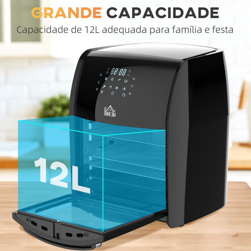 Fritadeira sem Óleo 3 em 1 12L Fritadeira sem Óleo 1800W Forno de Ar Desidratador com 8 Programas Função de Iluminação Ecrã Digital Janela de Visualização 35x33,5x40 cm Preto