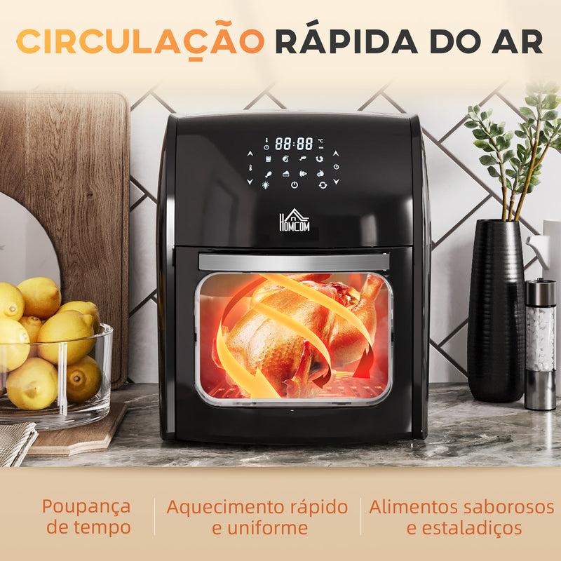 Fritadeira sem Óleo 3 em 1 12L Fritadeira sem Óleo 1800W Forno de Ar Desidratador com 8 Programas Função de Iluminação Ecrã Digital Janela de Visualização 35x33,5x40 cm Preto