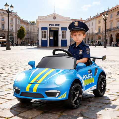 Carro Elétrico para Crianças de Polícia Carro a Bateria 12V com Controlo Remoto 2,4 G Motor Duplo Sirene Música Sem Fios Buzina Rodas Auxiliares e Faróis LED 105x58x49 cm Azul