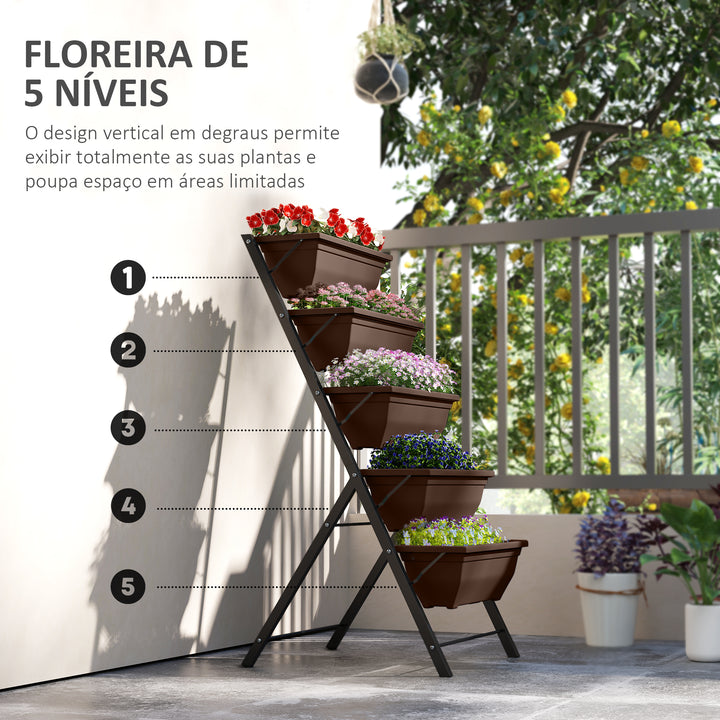 Suporte para Plantas de 5 Níveis com 5 Vasos Estante para Plantas de Canto Orifícios de Drenagem Design em Escada Suporte para Vasos Interior e Exterior 55x63x120 cm Preto