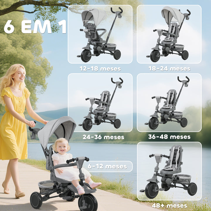 Triciclo Evolutivo 6 em 1 Triciclo para Bebés Dobrável 1-5 Anos Assento Giratório de 360° Guidão Encosto Reclinável Toldo Cinto de Segurança Cesto, Apoio para Pés 111,5x52x98 cm Cinza