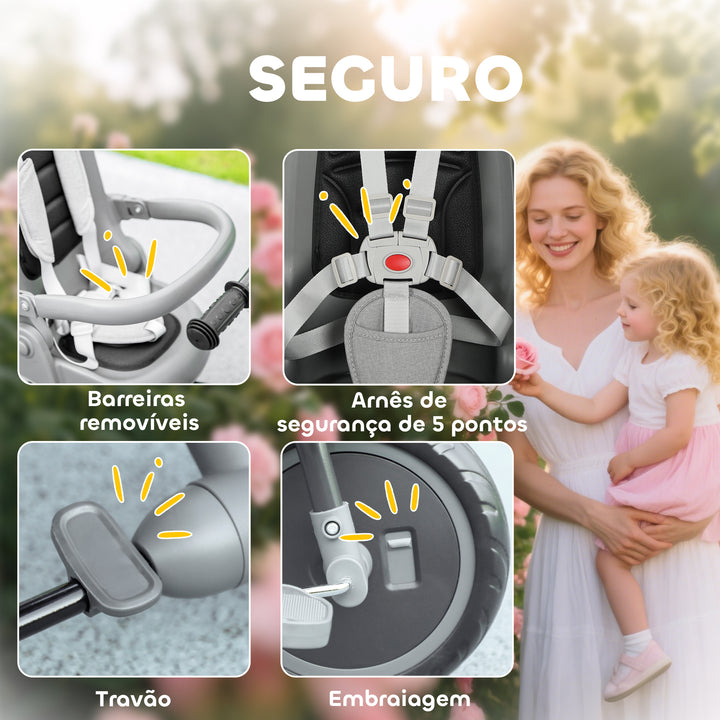 Triciclo Evolutivo 6 em 1 Triciclo para Bebés Dobrável 1-5 Anos Assento Giratório de 360° Guidão Encosto Reclinável Toldo Cinto de Segurança Cesto, Apoio para Pés 111,5x52x98 cm Cinza