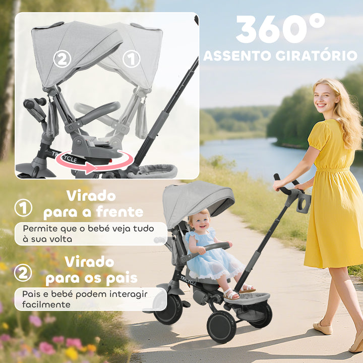 Triciclo Evolutivo 6 em 1 Triciclo para Bebés Dobrável 1-5 Anos Assento Giratório de 360° Guidão Encosto Reclinável Toldo Cinto de Segurança Cesto, Apoio para Pés 111,5x52x98 cm Cinza
