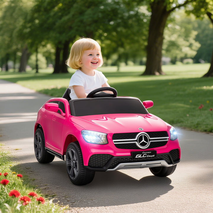 Carro Elétrico para Crianças, Mercedes-Benz GLC Coupé, Carro de Bateria 12V, com Controlo Remoto 2,4 G, Motor Duplo, MP3, Buzina e Faróis LED, para Crianças dos 3 aos 6 Anos, Rosa