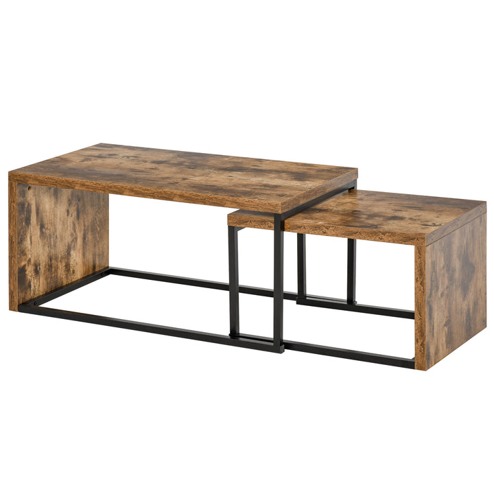 Conjunto de 2 Mesas de Centro Mesinhas de Café com Pés de Metal Estilo Industrial para Sala de Estar Sala de Jantar 90x48x42cm e 59x42x36cm Marrom Rústico