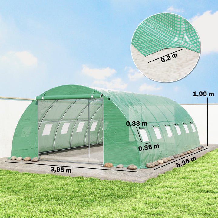 Estufa de Exterior 6x4x2 m, Estufa Tipo Túnel com 2 Barras de Suporte, Portas Enroláveis, Janelas com Rede, Cobertura de PE e Estrutura de Aço Galvanizado, Anti-UV, Impermeável, Verde