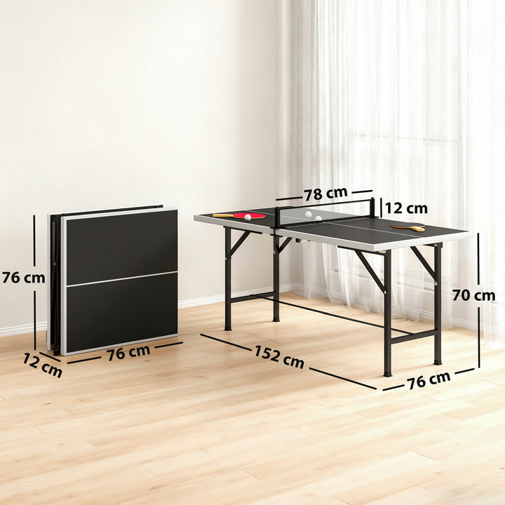 Mini Mesa de Ping Pong Dobrável 152x76 cm Mesa de Ping Pong para Exterior com Rede 2 Raquetes e 3 Bolas Fácil de Transportar Estável para Interior e Exterior Preto