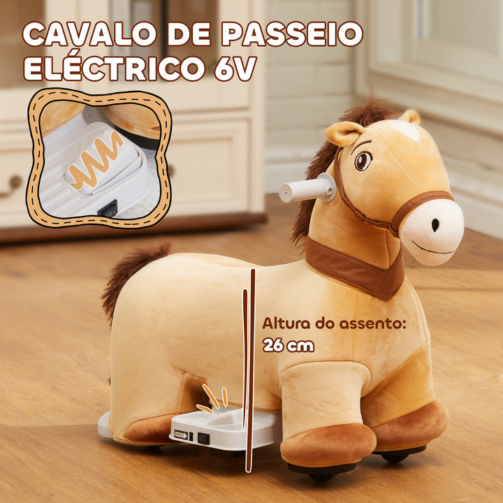 Cavalo Elétrico para Crianças de 18 a 36 Meses Cavalo de Brincar Elétrico com Bateria 6V Rodas e Música Carga 25 kg 69x34x53 cm Marrom