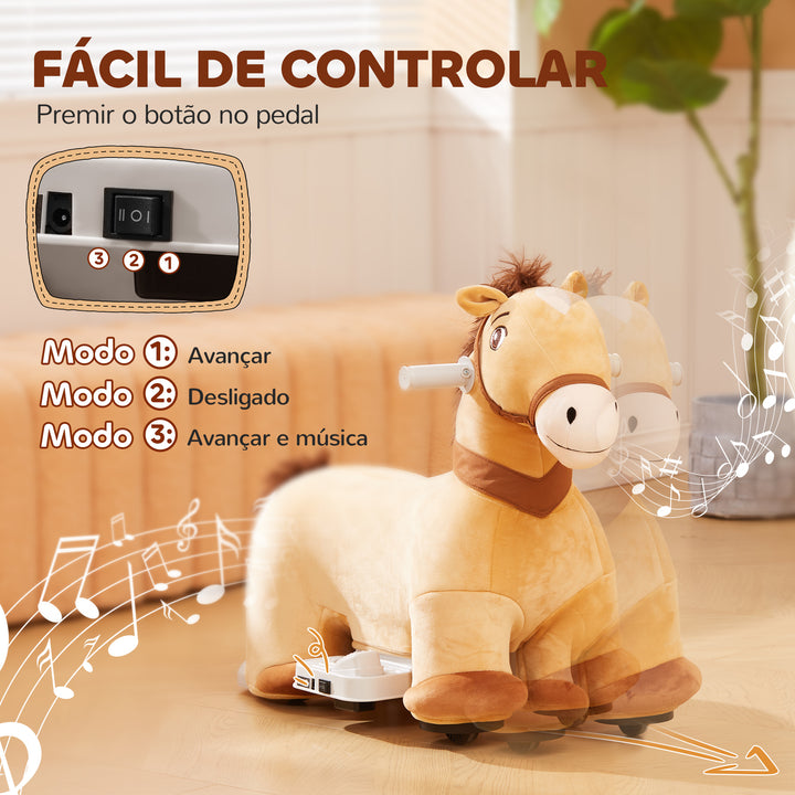 Cavalo Elétrico para Crianças de 18 a 36 Meses Cavalo de Brincar Elétrico com Bateria 6V Rodas e Música Carga 25 kg 69x34x53 cm Marrom