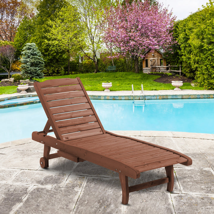 Espreguiçadeira de Madeira para Exterior Cadeira Reclinável de Jardim com 2 Rodas Encosto Ajustável em 3 Níveis e 1 Tabuleiro Capacidade 113 kg para Terraço Pátio 182x60x35 cm Natural