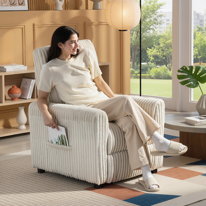 Poltrona Relax Reclinável Poltrona Reclinável Manual Estofada em Veludo Instalação Rápida Apoio para Pés Acolchoamento Grosso Para Sala de Estar Quarto Escritório 73x86x100 cm Creme