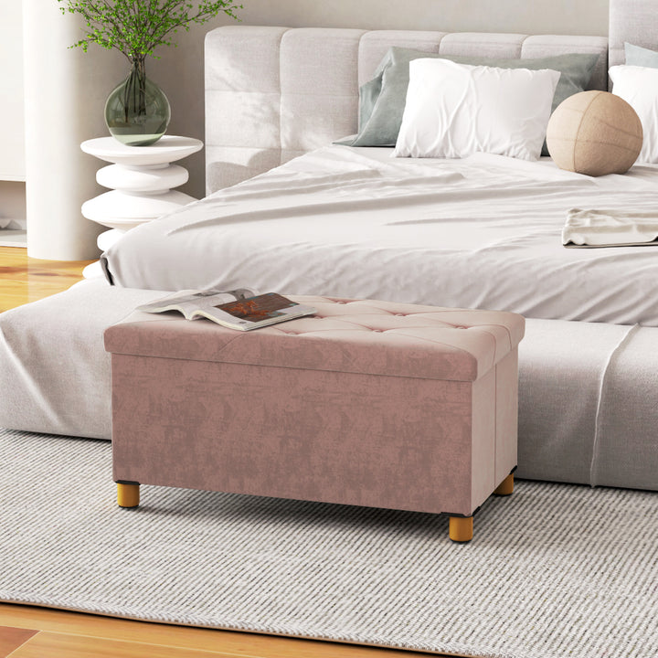 Banco de Armazenamento Dobrável Puff de Armazenamento Capacidade de 67 L Estofado em Veludo Baú de Armazenamento Quarto Carga 120 kg para Sala de Estar Entrada 76x38x38 cm Rosa Claro