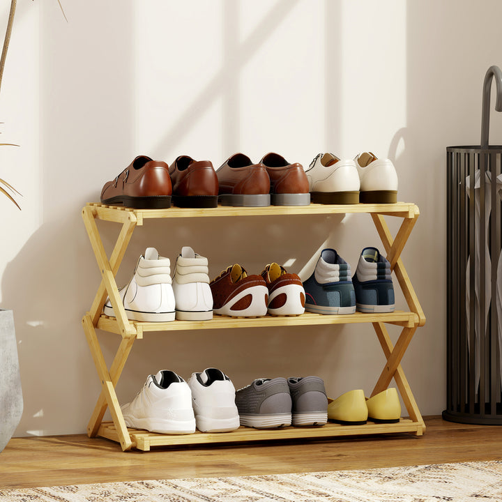 Sapateira Estreita de Bambu Sapateira Vertical Dobrável de 3 Níveis Sem Instalação Prateleira para Sapatos para Entrada Corredor Quarto 60x29x45,5 cm Madeira