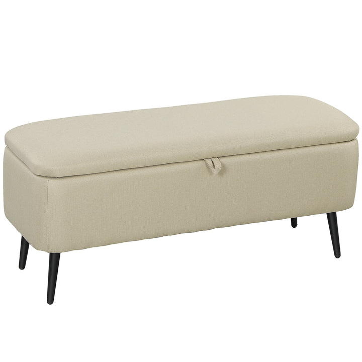 Banco de Armazenamento Estofado em Linho com Tampa Abatível e Pés de Aço para Dormitório Sala de Estar Entrada Carga Máxima 150kg 101x38,5x44,5 cm Bege